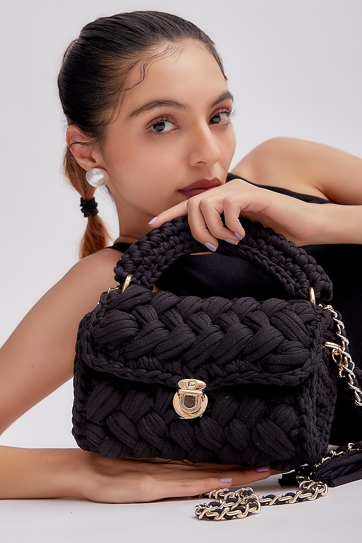 Black Cotton Yarn Sling Bag by Bijit