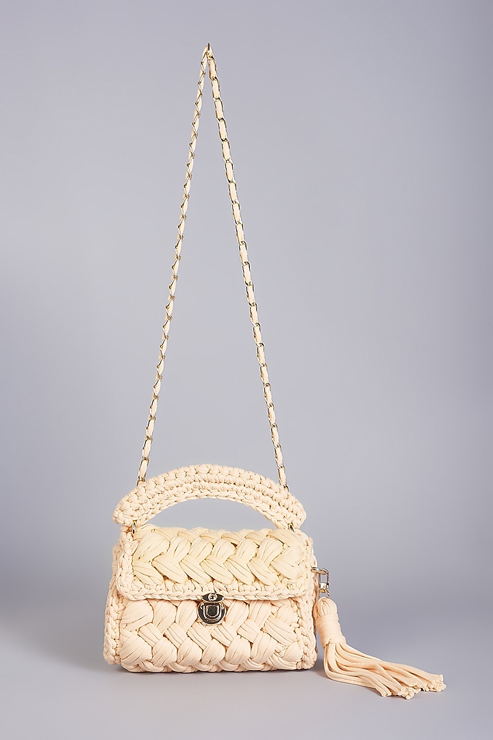 Cream Cotton Yarn Sling Bag by Bijit at Pernia's Pop Up Shop
