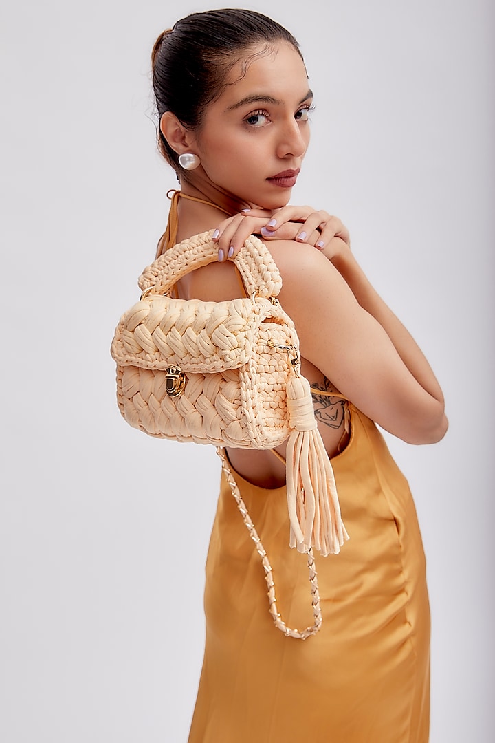 Cream Cotton Yarn Sling Bag by Bijit