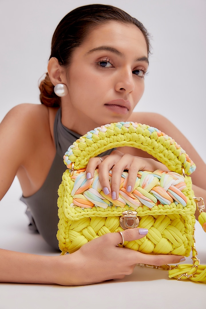 Yellow Cotton Yarn Sling Bag by Bijit at Pernia's Pop Up Shop