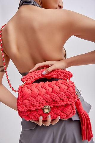 Red Cotton Yarn Sling Bag by Bijit