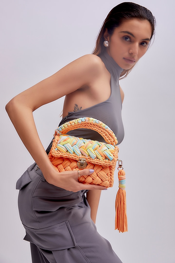 Orange Cotton Yarn Sling Bag by Bijit