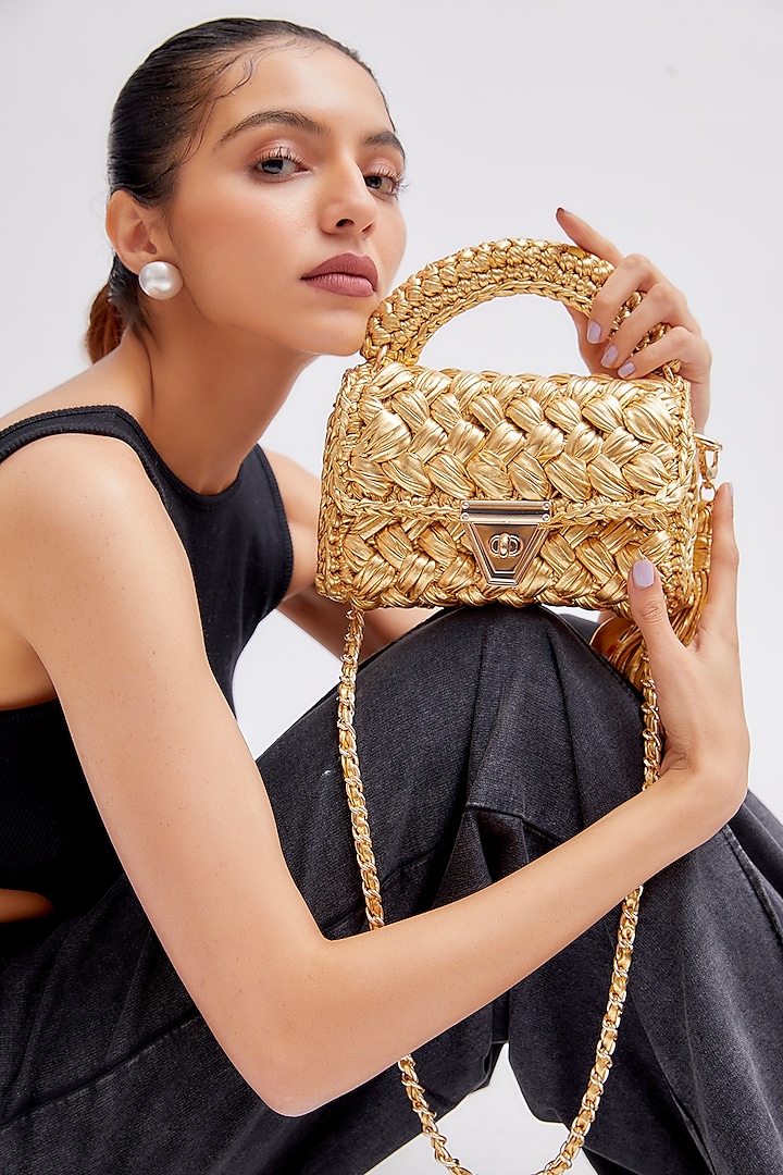 Gold Polyester Yarn Sling Bag by Bijit