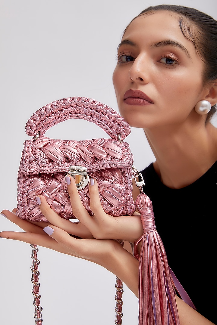 Peach Polyester Yarn Mini Sling Bag by Bijit at Pernia's Pop Up Shop