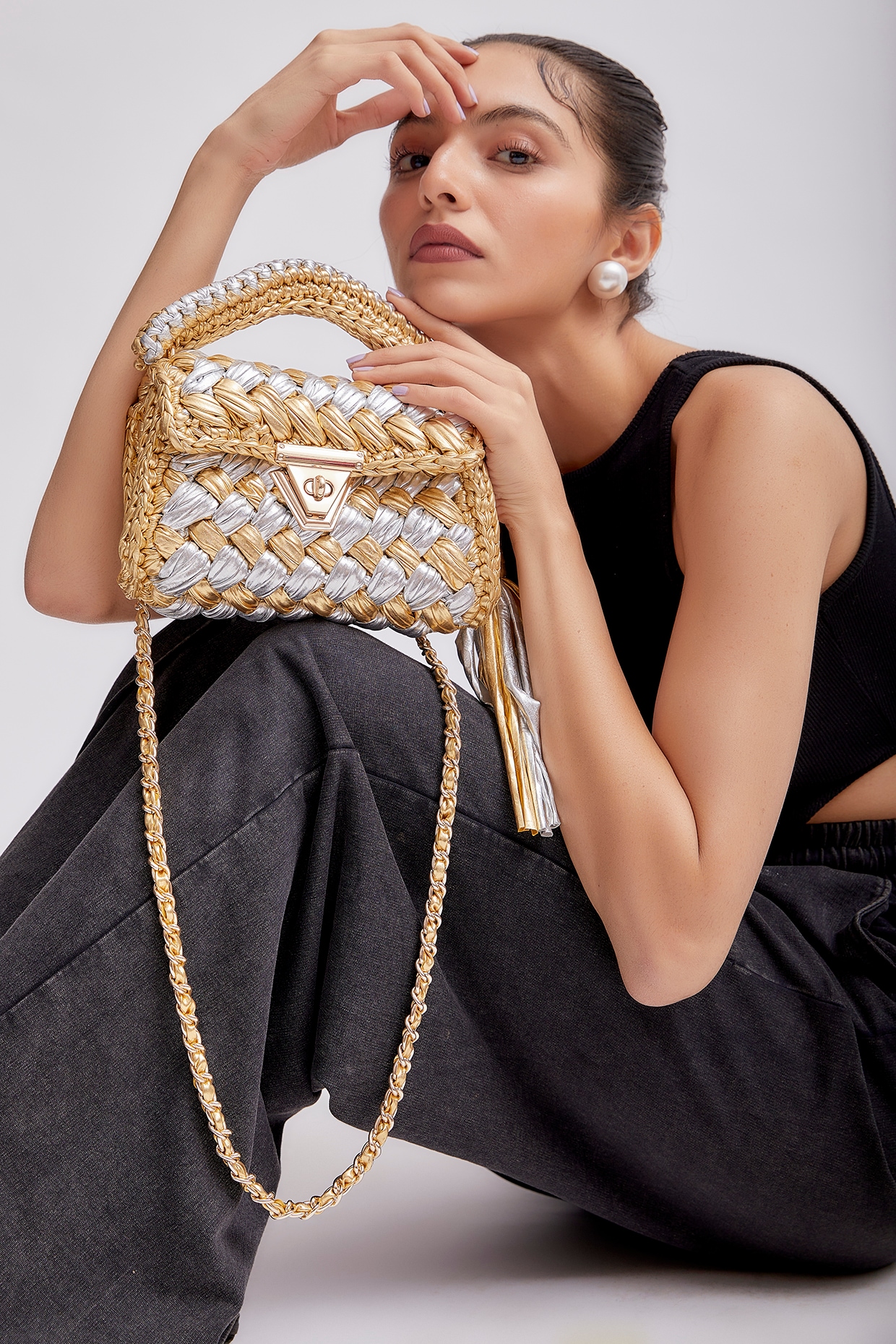 Gold Silver Polyester Yarn Sling Bag by Bijit at Pernia s Pop Up Shop 2024