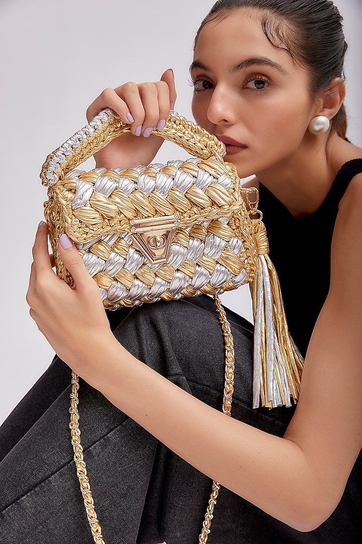 Gold & Silver Polyester Yarn Sling Bag by Bijit at Pernia's Pop Up Shop