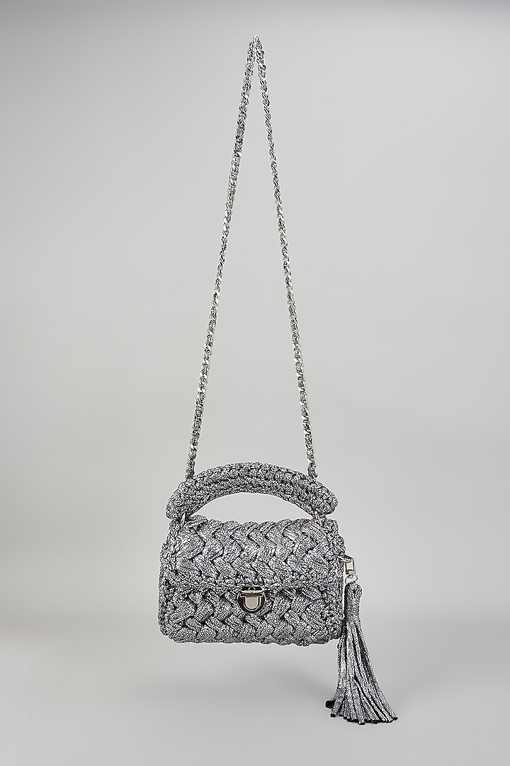 Silver Polyester Yarn Sling Bag by Bijit