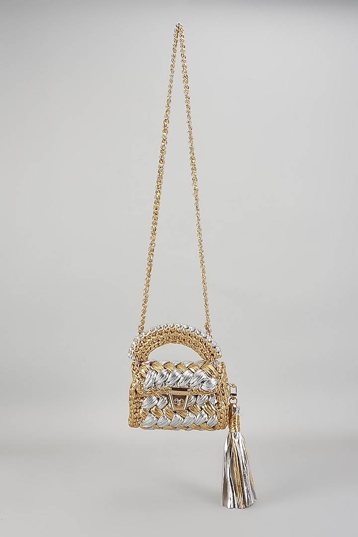 Gold & Silver Polyester Yarn Mini Sling Bag by Bijit