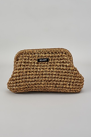 Gold Polyester Yarn Clutch by Bijit