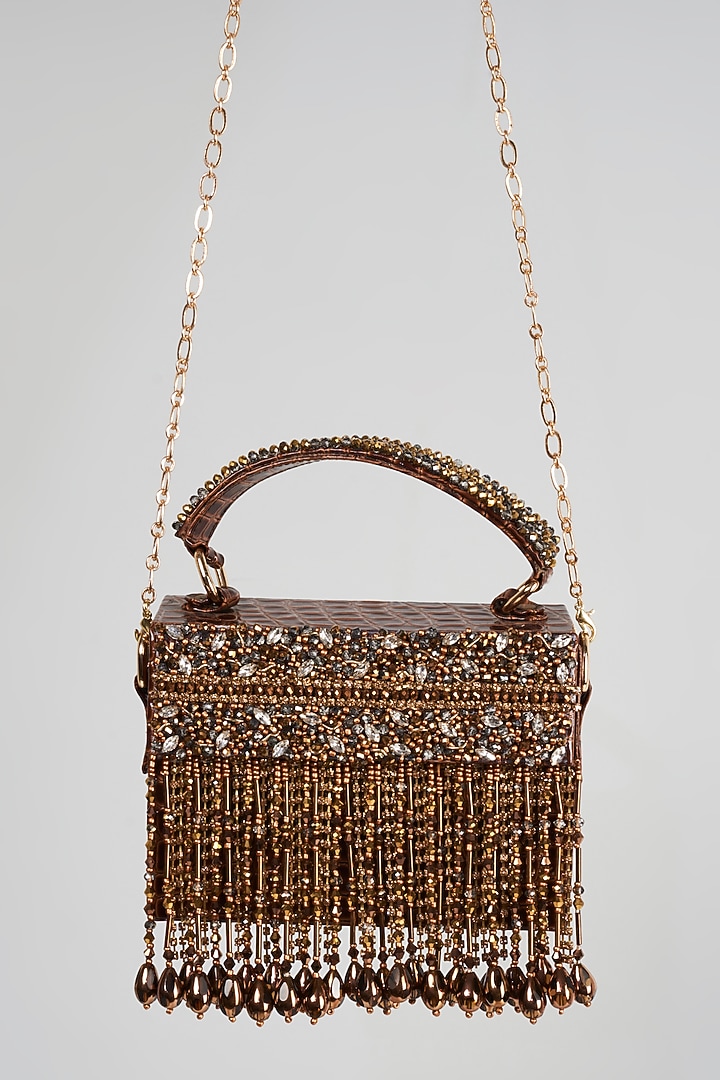 Gold Leather Embellished Mini Box Clutch by Bijoux By Priya Chandna at Pernia's Pop Up Shop