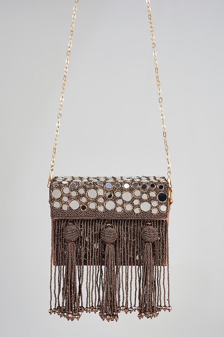 Brown Embellished Mini Box Clutch by Bijoux By Priya Chandna at Pernia's Pop Up Shop