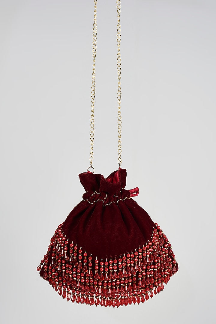 Wine Velvet Embellished Potli by Bijoux By Priya Chandna at Pernia's Pop Up Shop