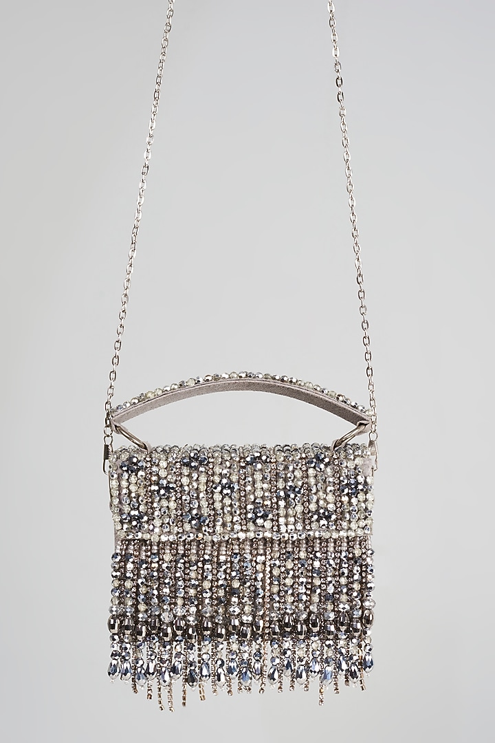 Silver Beaded Mini Box Clutch by Bijoux By Priya Chandna at Pernia's Pop Up Shop