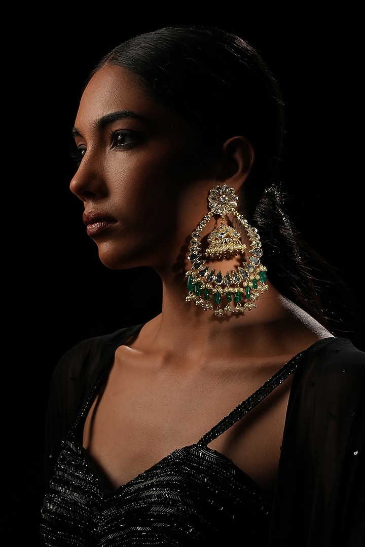 Green Crystal Chandbali Earrings by Bijoux By Priya Chandna at Pernia's Pop Up Shop
