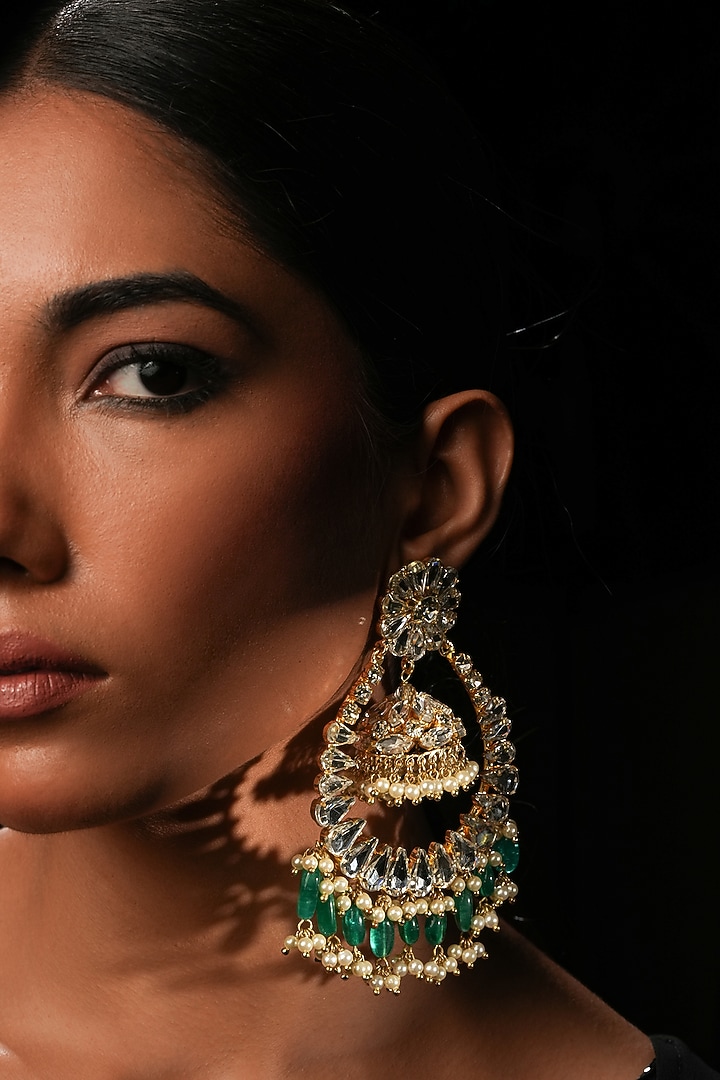Green Crystal Chandbali Earrings by Bijoux By Priya Chandna at Pernia's Pop Up Shop
