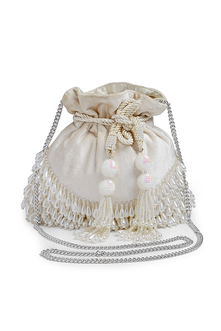 Off-White Velvet Pearl Embroidered Potli by Bijoux By Priya Chandna at Pernia's Pop Up Shop