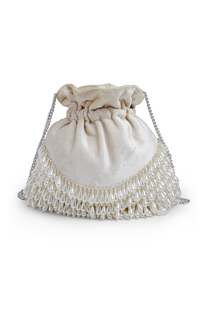 Off-White Velvet Pearl Embroidered Potli by Bijoux By Priya Chandna at Pernia's Pop Up Shop