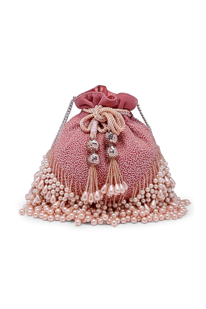 Blush Pink Velvet Pearl Embroidered Potli by Bijoux By Priya Chandna at Pernia's Pop Up Shop