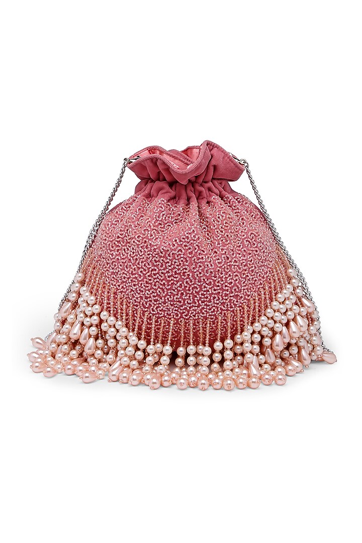 Blush Pink Velvet Pearl Embroidered Potli by Bijoux By Priya Chandna at Pernia's Pop Up Shop