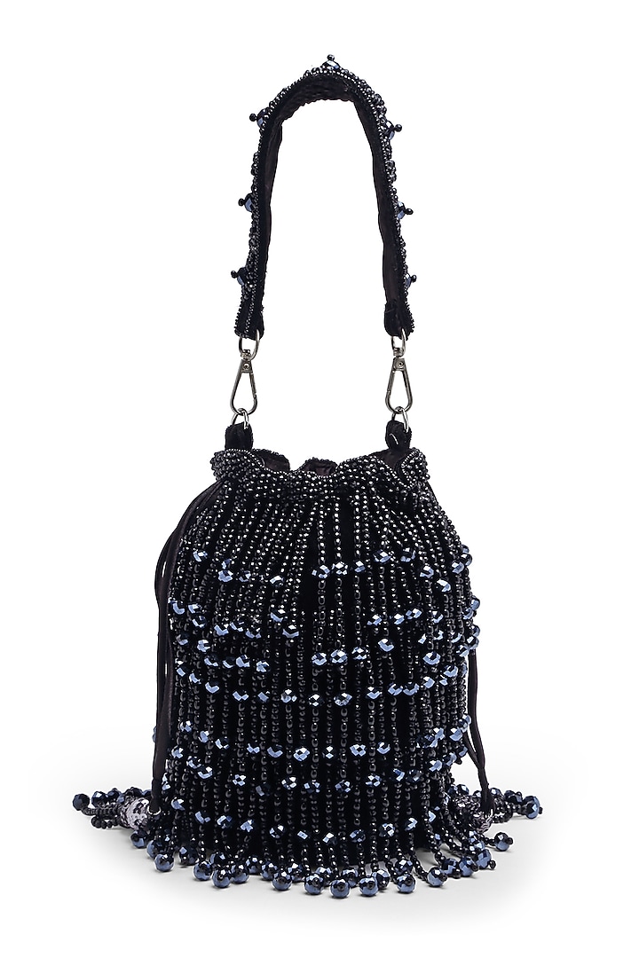 Black Velvet Waterfall Bead Embroidered Bucket Bag by Bijoux By Priya Chandna at Pernia's Pop Up Shop