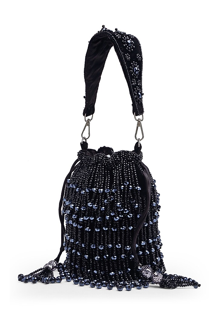 Black Velvet Waterfall Bead Embroidered Bucket Bag by Bijoux By Priya Chandna at Pernia's Pop Up Shop