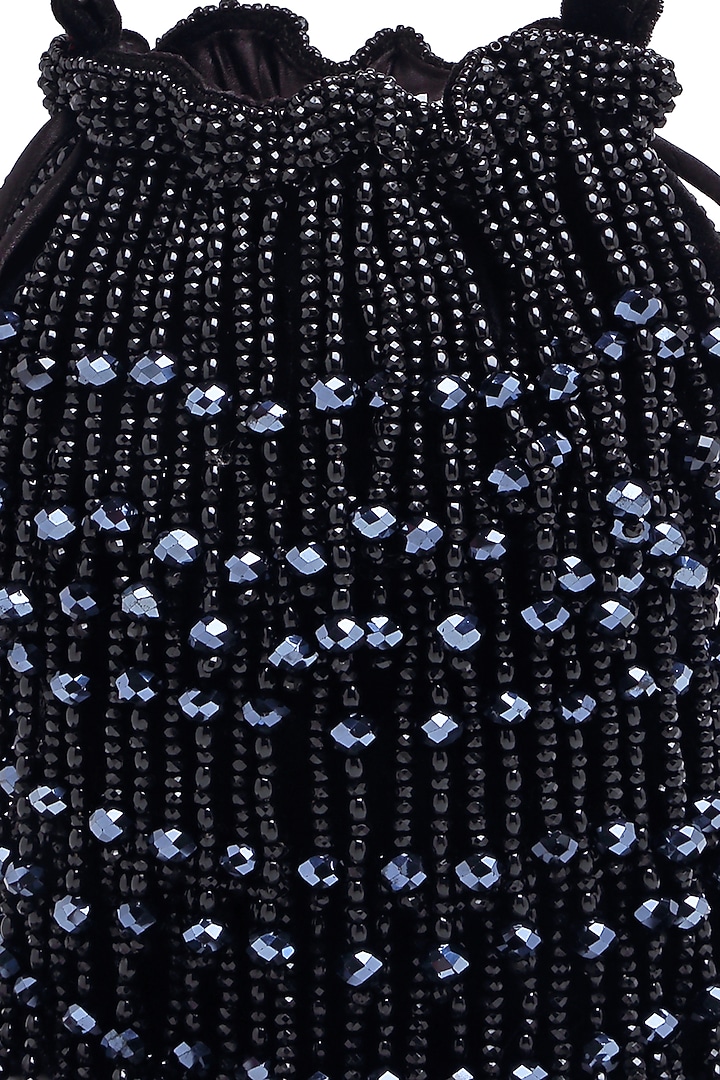Black Velvet Waterfall Bead Embroidered Bucket Bag by Bijoux By Priya Chandna at Pernia's Pop Up Shop