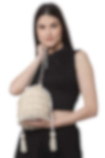 Off-White Velvet Bead Embroidered Potli by Bijoux By Priya Chandna at Pernia's Pop Up Shop