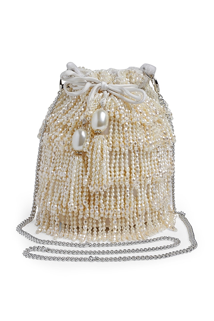 Off-White Velvet Bead Embroidered Potli by Bijoux By Priya Chandna at Pernia's Pop Up Shop