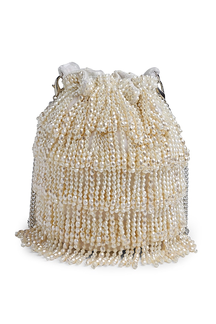 Off-White Velvet Bead Embroidered Potli by Bijoux By Priya Chandna at Pernia's Pop Up Shop