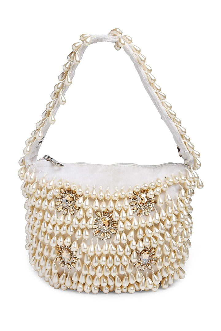 Off-White Velvet Pearl Embroidered Purse by Bijoux By Priya Chandna at Pernia's Pop Up Shop
