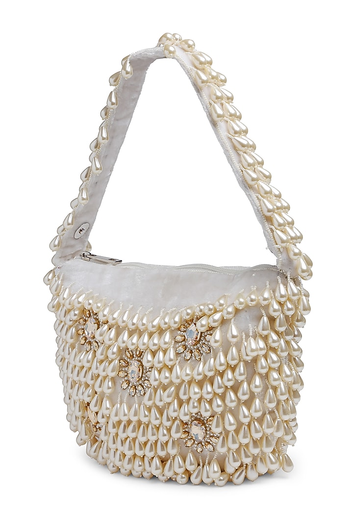 Off-White Velvet Pearl Embroidered Purse by Bijoux By Priya Chandna at Pernia's Pop Up Shop