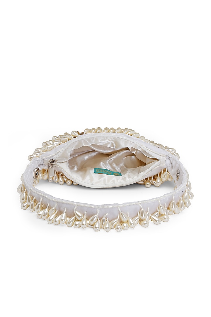 Off-White Velvet Pearl Embroidered Purse by Bijoux By Priya Chandna at Pernia's Pop Up Shop