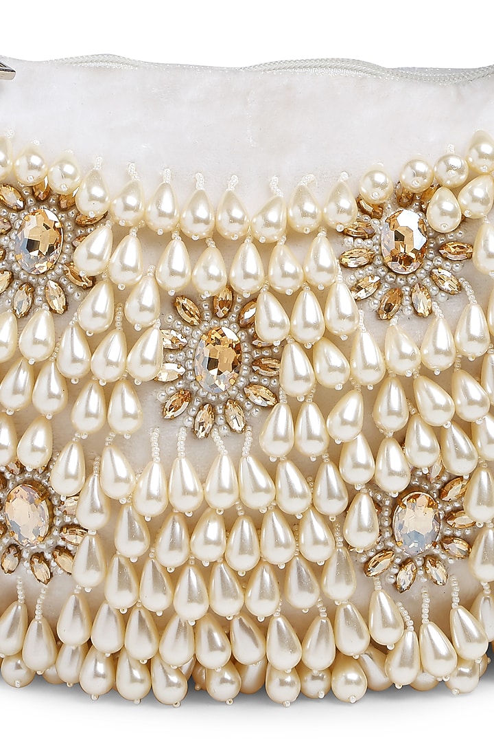 Off-White Velvet Pearl Embroidered Purse by Bijoux By Priya Chandna at Pernia's Pop Up Shop
