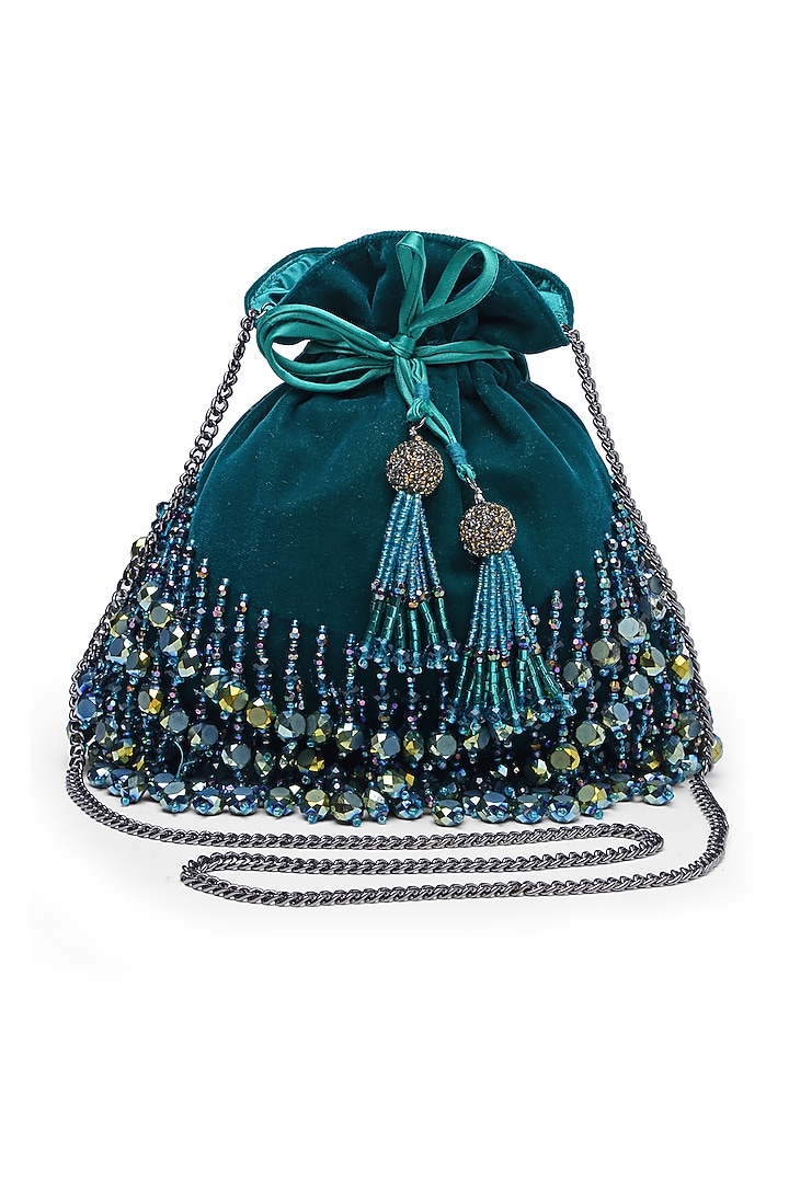 Green Velvet Crystal Embroidered Potli by Bijoux By Priya Chandna at Pernia's Pop Up Shop