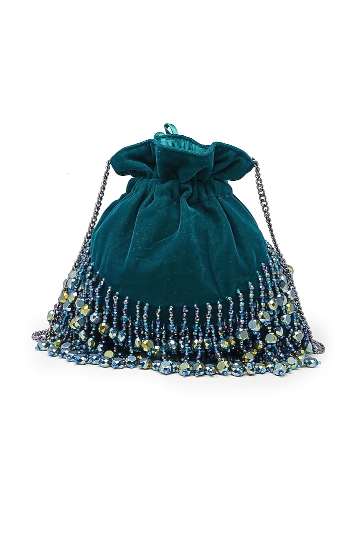 Green Velvet Crystal Embroidered Potli by Bijoux By Priya Chandna at Pernia's Pop Up Shop