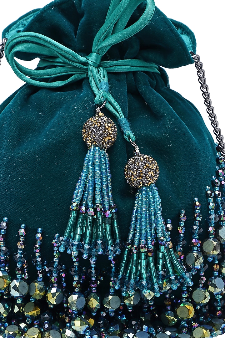Green Velvet Crystal Embroidered Potli by Bijoux By Priya Chandna at Pernia's Pop Up Shop