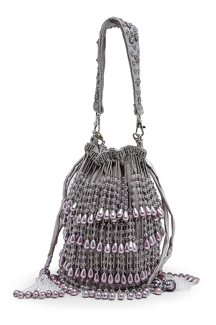 Grey Velvet Crystal Bead Embroidered Bucket Bag by Bijoux By Priya Chandna at Pernia's Pop Up Shop