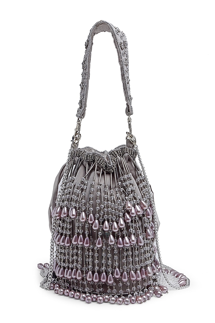 Grey Velvet Crystal Bead Embroidered Bucket Bag by Bijoux By Priya Chandna at Pernia's Pop Up Shop