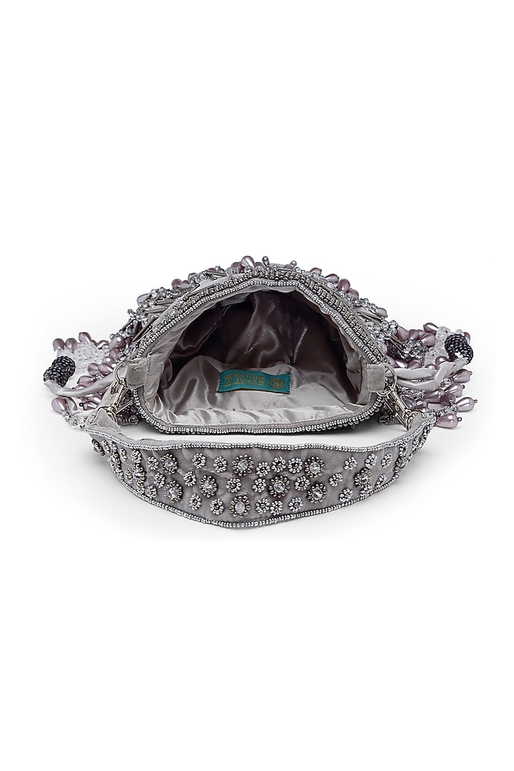 Grey Velvet Crystal Bead Embroidered Bucket Bag by Bijoux By Priya Chandna at Pernia's Pop Up Shop