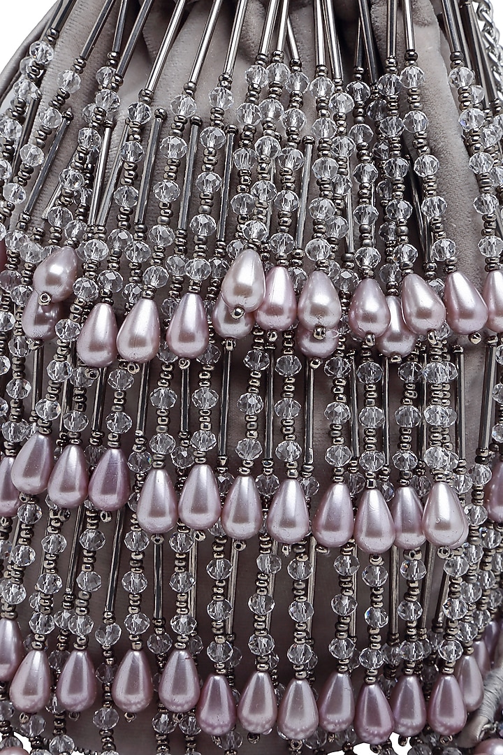 Grey Velvet Crystal Bead Embroidered Bucket Bag by Bijoux By Priya Chandna at Pernia's Pop Up Shop