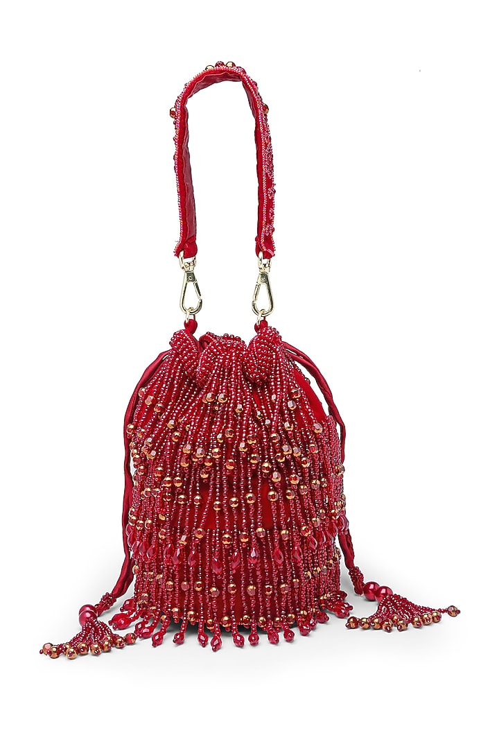 Red Velvet Crystal Embroidered Bucket Bag by Bijoux By Priya Chandna at Pernia's Pop Up Shop