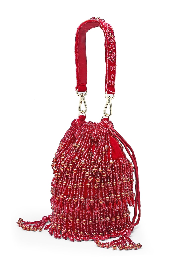 Red Velvet Crystal Embroidered Bucket Bag by Bijoux By Priya Chandna at Pernia's Pop Up Shop