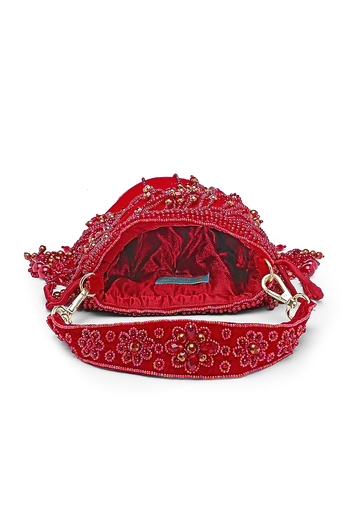 Red Velvet Crystal Embroidered Bucket Bag by Bijoux By Priya Chandna at Pernia's Pop Up Shop
