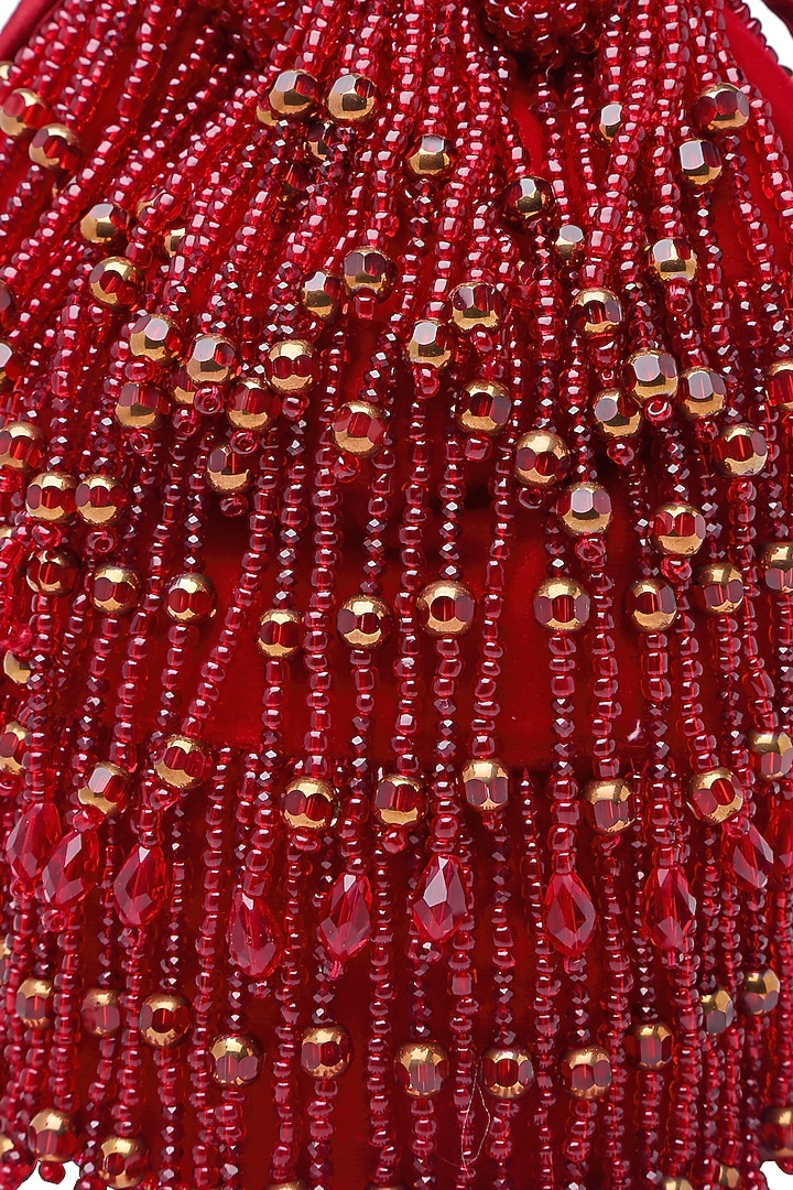 Red Velvet Crystal Embroidered Bucket Bag by Bijoux By Priya Chandna at Pernia's Pop Up Shop