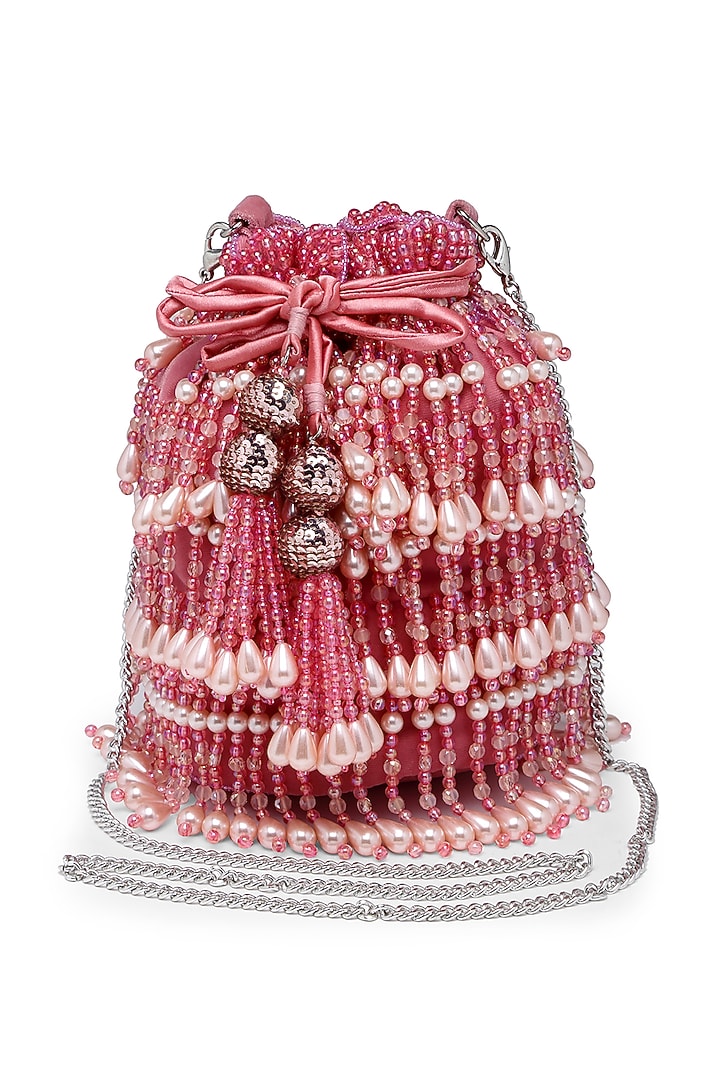 Pink Velvet Crystal Bead Embroidered Bucket Potli by Bijoux By Priya Chandna at Pernia's Pop Up Shop