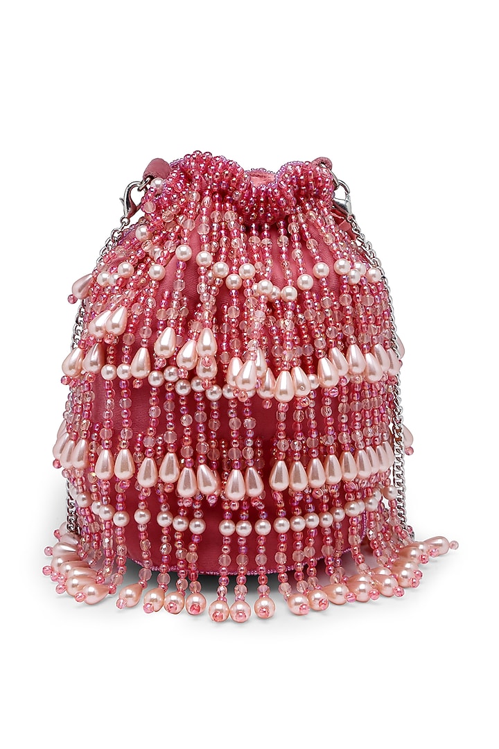 Pink Velvet Crystal Bead Embroidered Bucket Potli by Bijoux By Priya Chandna at Pernia's Pop Up Shop