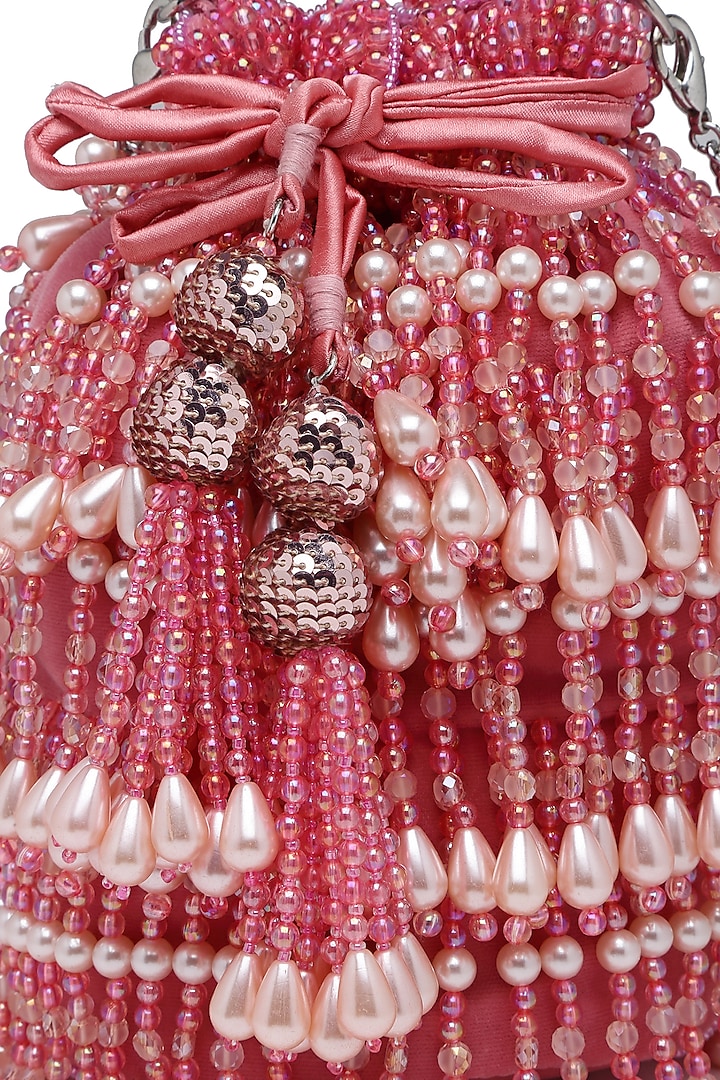 Pink Velvet Crystal Bead Embroidered Bucket Potli by Bijoux By Priya Chandna at Pernia's Pop Up Shop