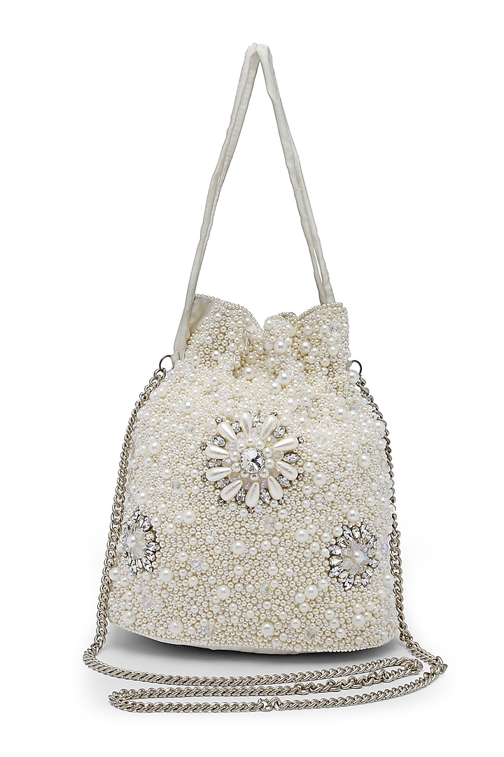 Off-White Velvet Crystal Embroidered Potli by Bijoux By Priya Chandna at Pernia's Pop Up Shop