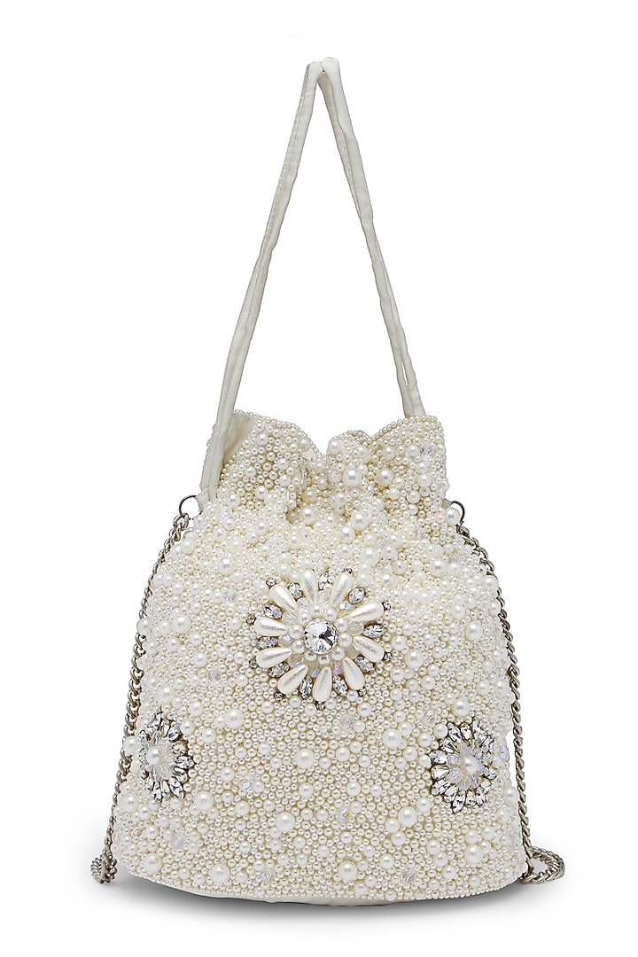 Off-White Velvet Crystal Embroidered Potli by Bijoux By Priya Chandna at Pernia's Pop Up Shop