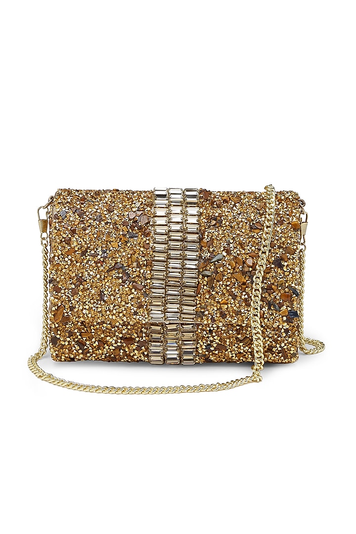 Gold Synthetic Crystal Embroidered Clutch by Bijoux By Priya Chandna at Pernia's Pop Up Shop